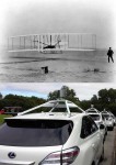 Wright brothers' plane at Kitty Hawk, and equipment mounted on top of a Google car